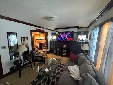 Carpeted living room with ornamental molding and a textured ceiling