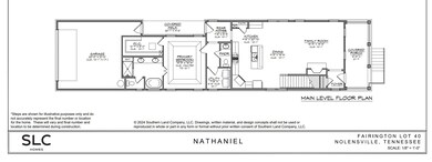 Main floor plan, with Primary bedroom downstairs, open concept kitchen/dining/great room, and large covered front porch.