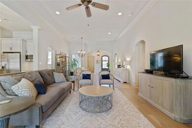 The family room boasts a fireplace and French door