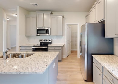 Kitchen featuring appliances with stainless steel finishes, decorative backsplash, sink, gray cabinets, and light wood-type flooring