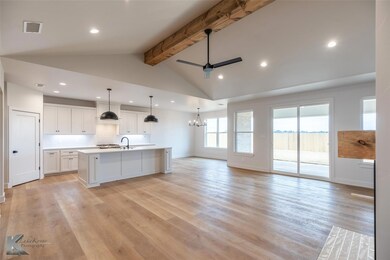 Kitchen with white cabinetry, decorative light fix