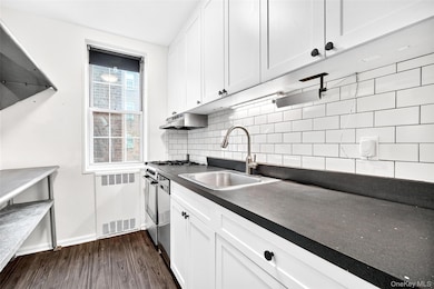 Kitchen with tasteful backsplash, dark wood finished floors, white cabinets, and under cabinet range hood