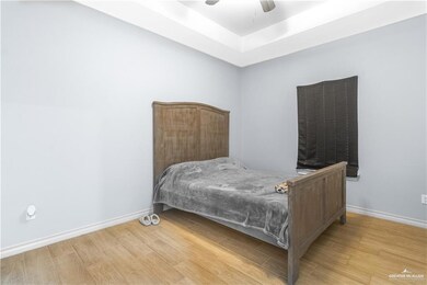 Bedroom featuring wood finished floors, a raised ceiling, and ceiling fan