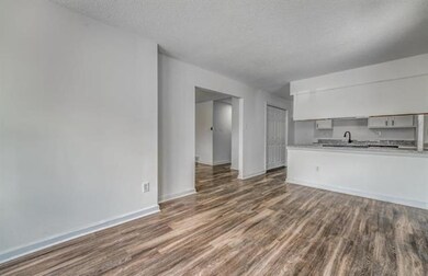 Unfurnished living room with dark wood finished floors, baseboards, a textured ceiling, and a sink
