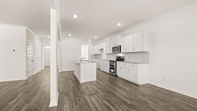Kitchen featuring ornamental molding, appliances with stainless steel finishes, white cabinetry, decorative backsplash, and dark wood-style flooring