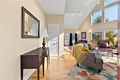 Living room with track lighting, high vaulted ceil