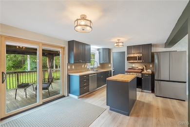 The kitchen has a new sliding glass door that lead