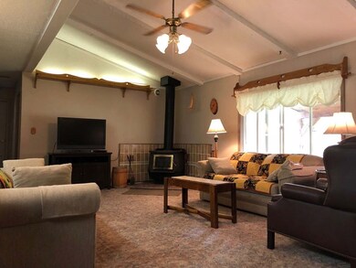 Living Room With Wood Stove & Ceiling Fan