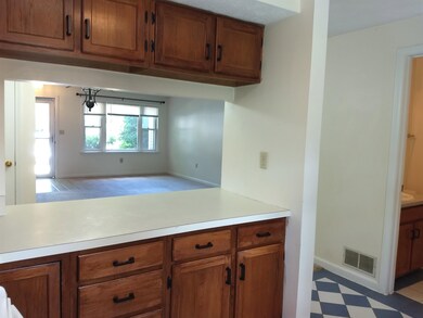 Kitchen counter is open to dining and living area