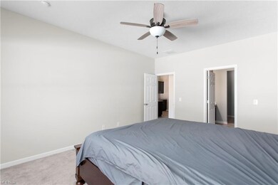 Carpeted bedroom with ceiling fan