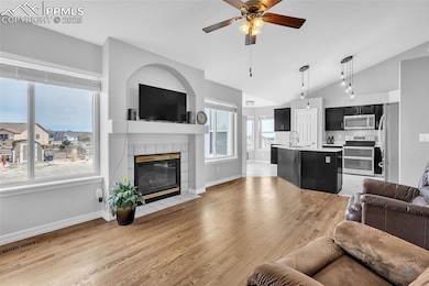 Living area with baseboards, a fireplace, a ceilin