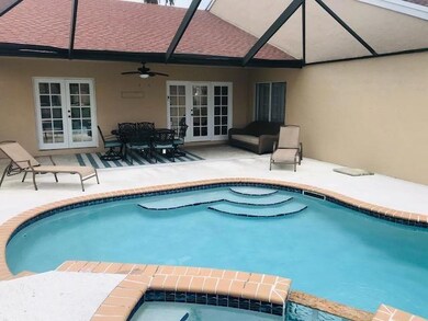 Large roofed overhang for entertaining.