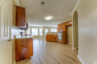 Kitchen with arched walkways, brown cabinetry, lig