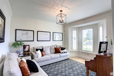 Living area with a chandelier, wood finished floors, crown molding, and a textured ceiling