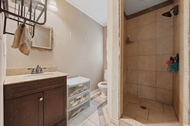 Bathroom with a tile shower, vanity, crown molding, and tile patterned flooring