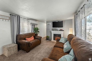 Living area featuring a glass covered fireplace, an AC wall unit, and carpet floors