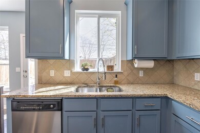 Kitchen with stainless steel dishwasher, blue cab
