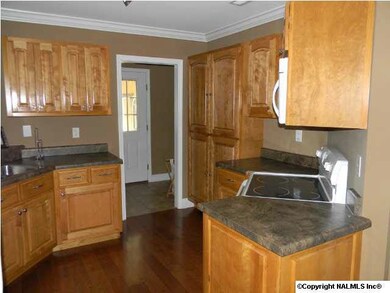 View of the kitchen from dining, doorway leads to laundry room and door to garage. Features beautiful cabinets with built in pantry. and hardwood floors.