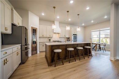 Taj Mahal brushed stone countertops in the kitchen.