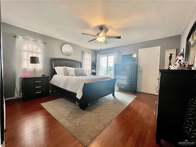 Bedroom with wood finished floors and ceiling fan