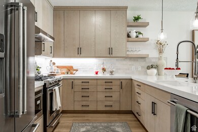 Kitchen with light brown cabinetry, stainless steel appliances, open shelves, light wood-type flooring, and under cabinet range hood