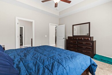 Bedroom with carpet floors, a raised ceiling, a ce