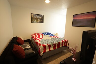 Carpeted bedroom with a textured ceiling and baseboards