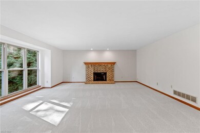 Living room featuring light carpet and a fireplace