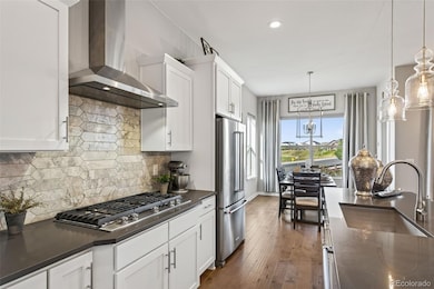 ourmet ktchen featuring stainless steel appliances, marble backsplash, quartz countertops, soft close cabinets/drawers, roll-out shelving, lazy susan, island, and gas stove.