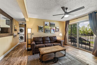 Living room featuring estacked washer and dryer, a