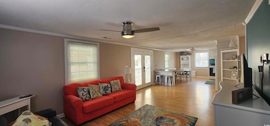 Living area featuring ornamental molding, wood finished floors, a textured ceiling, ceiling fan, and french doors