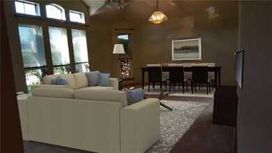 Virtually staged large living room with dining are