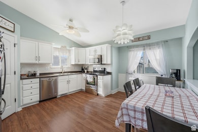 Kitchen with stainless steel appliances, white cabinetry, vaulted ceiling, dark wood finished floors