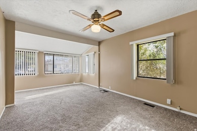 Empty room featuring carpet floors, a textured ceiling, lofted ceiling, and ceiling fan