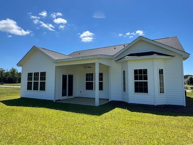 Rear view of house with ceiling fan, a patio, a yard, and roof with shingles