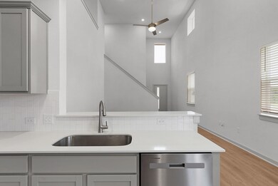 Kitchen featuring dishwasher, a sink, gray cabine