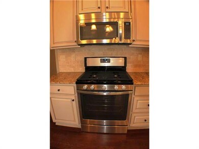 Kitchen. Stainless steel gas stove, microwave, tra