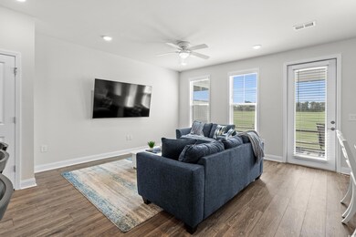 Living room featuring dark wood-type flooring, cei