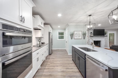 Kitchen with stainless steel appliances, open floor plan, white cabinetry, light wood-type flooring, and ornamental molding