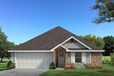 View of front of house featuring a garage, driveway, brick siding, a front lawn, and roof with shingles