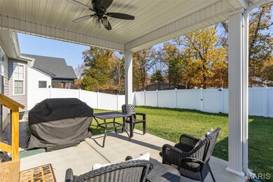 Fenced backyard with area for grilling, a patio area, and ceiling fan
