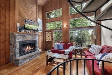 Living area featuring high vaulted ceiling, wood walls, a stone fireplace, wood-type flooring, and baseboard heating
