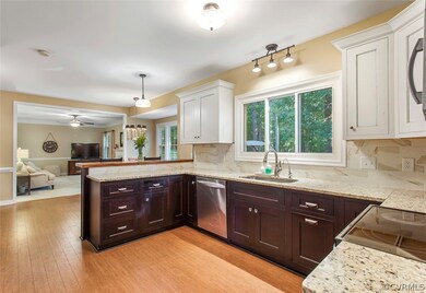 Modern touches in the kitchen include custom backs