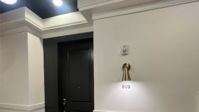 Photo shows a modern sophisticated look in the hallway with a black doors and sleek white walls, creating a timeless contrast, visibility and illumination. The door is marked with the number 509, illuminated by a stylish brass wall light. The ceiling features recessed lighting, adding to the contemporary feel.