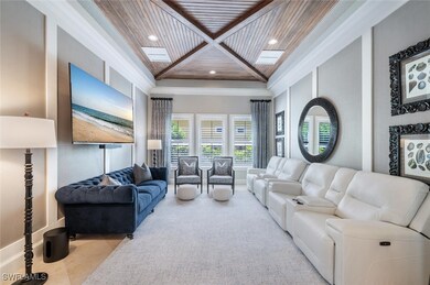 Tiled living room with wood ceiling, crown molding