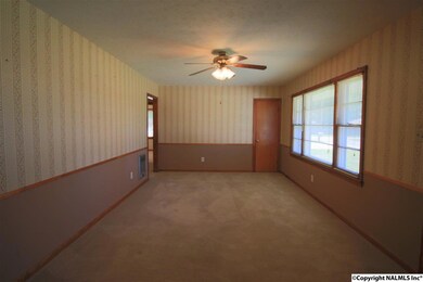 With ceiling fan, chair rail and carpet.  Carpets jus cleaned by Stanley Steamer.