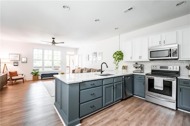 Kitchen featuring stainless steel appliances, a sink, a peninsula, open floor plan, and a ceiling fan