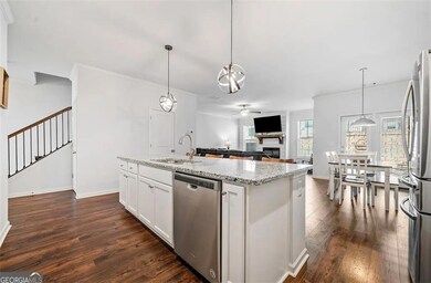 Kitchen featuring appliances with stainless steel finishes, a fireplace, ceiling fan, a sink, and dark wood-type flooring