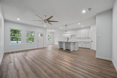 Living room featuring ceiling fan, sink, and light
