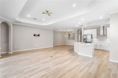 Kitchen featuring a raised ceiling, open floor plan, ornamental molding, light countertops, and wall chimney exhaust hood